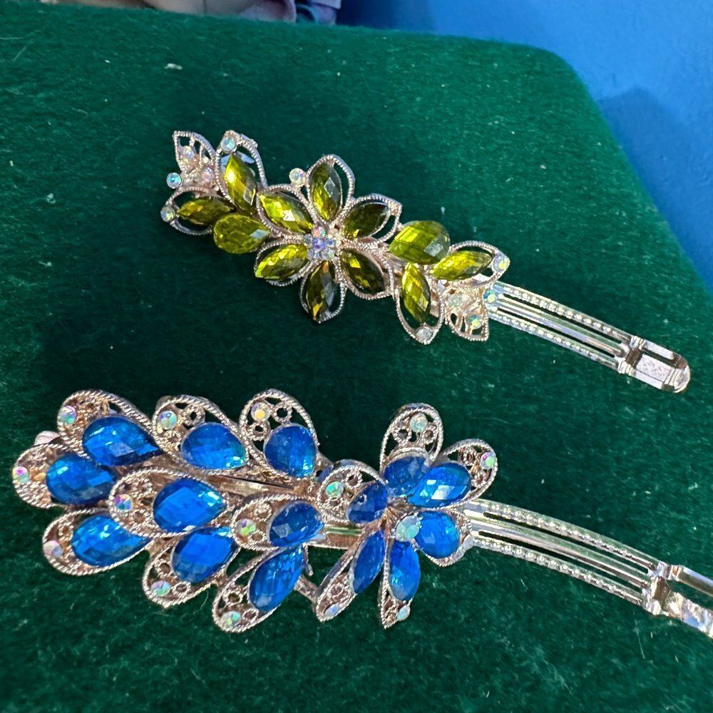 Rose Goldtone Floral Barrettes – Blue and Green Stone Hair Clips – Set of 2